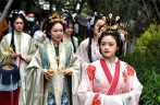 Young women in traditional Chinese Hanfu celebrate Huachao Festival